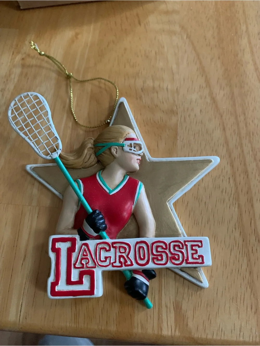 Lacrosse Player Ornament in Red and Gold
